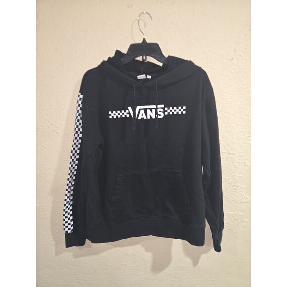Mens VANS Black Checkboard Sleeves Logo Soft Fleece Pullover Hoodie Top Medium M - Picture 1 of 8